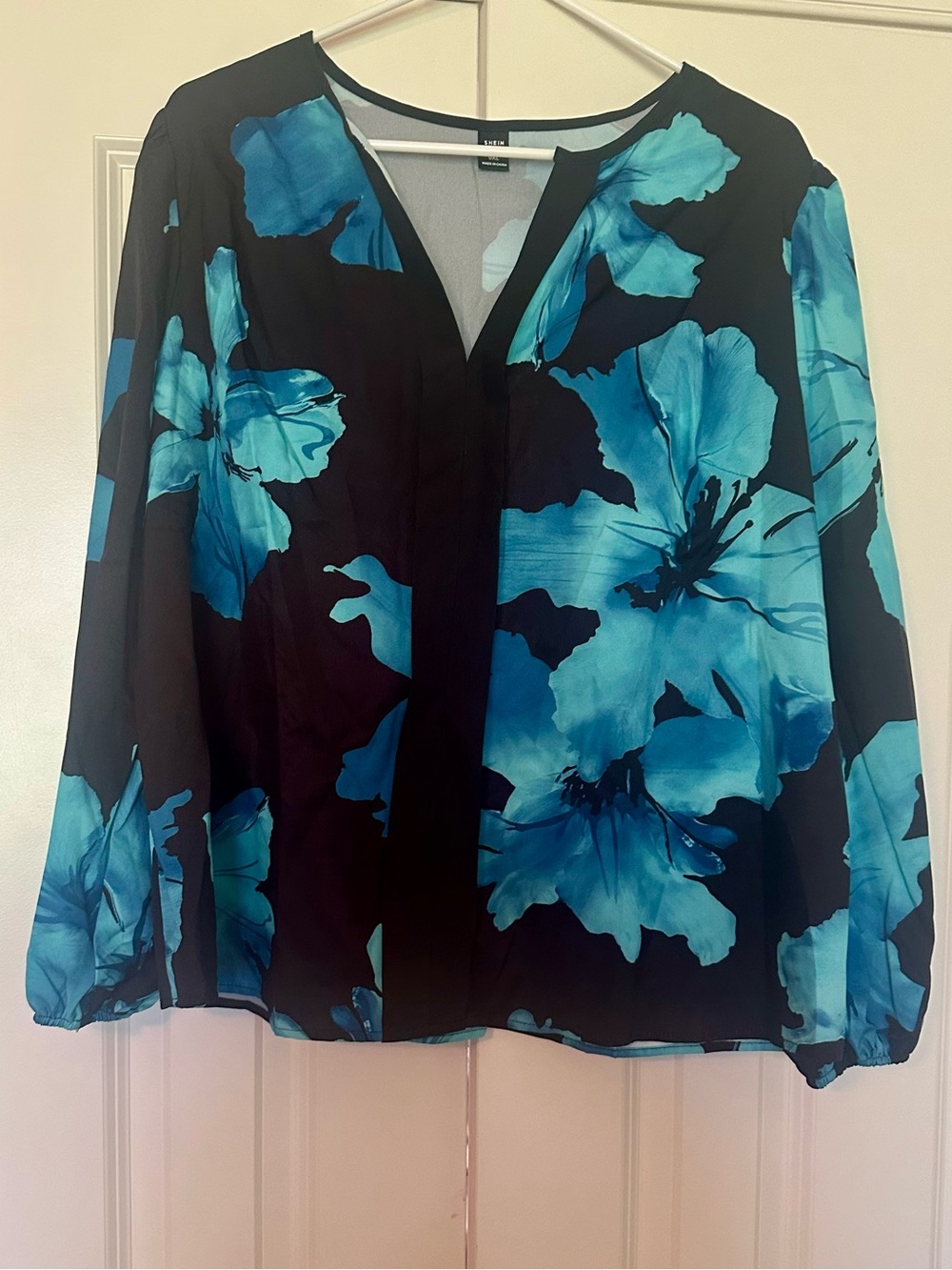 SHEIN Black Blouse with Turquoise Blue Floral Print